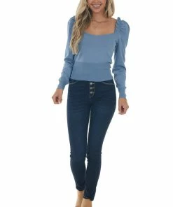 Style Melody Dusty Blue Frill Trim Puff Shoulder Sweater Tops 24 Style Melody Dusty Blue Frill Trim Puff Shoulder Sweater Tops