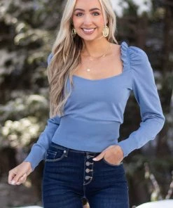 Style Melody Dusty Blue Frill Trim Puff Shoulder Sweater Tops 28 Style Melody Dusty Blue Frill Trim Puff Shoulder Sweater Tops