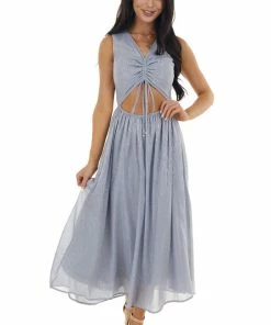 Entro Dusty Blue Glitter Sleeveless Midi Woven Dress With Cut Out
