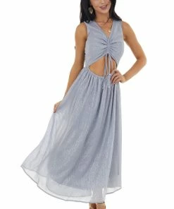 Entro Dusty Blue Glitter Sleeveless Midi Woven Dress With Cut Out