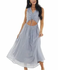Entro Dusty Blue Glitter Sleeveless Midi Woven Dress With Cut Out