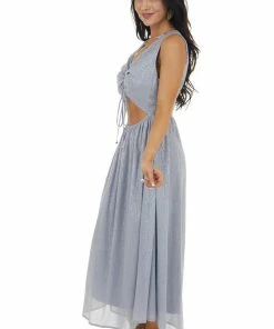 Entro Dusty Blue Glitter Sleeveless Midi Woven Dress With Cut Out