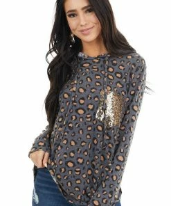 HEIMISH Tops Charcoal Leopard Print Top With Sequin Pocket Detail