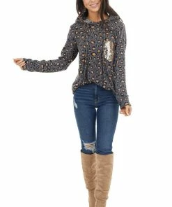 HEIMISH Tops Charcoal Leopard Print Top With Sequin Pocket Detail