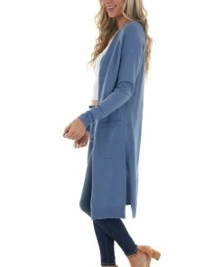 Style Melody Dusty Blue Longline Open Front Knit Cardigan Tops