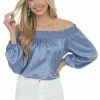 Umgee Dusty Blue Metallic Cheetah Off Shoulder Top Tops