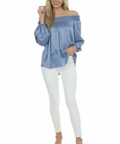 Umgee Dusty Blue Metallic Cheetah Off Shoulder Top Tops