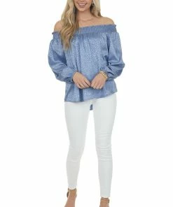 Umgee Dusty Blue Metallic Cheetah Off Shoulder Top Tops