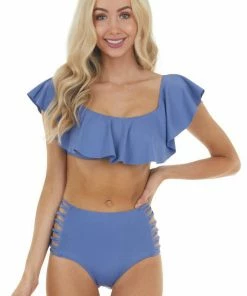 Envya Accessories Dusty Blue Off Shoulder Bikini Set With Strappy Details