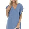 Umgee Dresses Dusty Blue Pintuck Flutter Sleeve Shift Dress 2 Umgee Dresses Dusty Blue Pintuck Flutter Sleeve Shift Dress