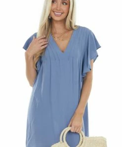 Umgee Dresses Dusty Blue Pintuck Flutter Sleeve Shift Dress