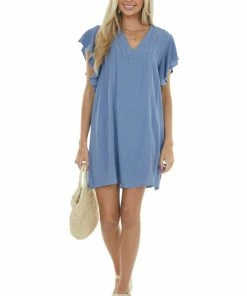 Umgee Dresses Dusty Blue Pintuck Flutter Sleeve Shift Dress