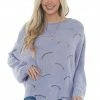 Easel Dusty Blue Scalloped Pointelle Light Sweater