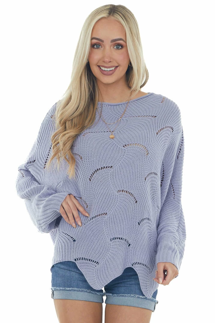 Easel Dusty Blue Scalloped Pointelle Light Sweater 3 Easel Dusty Blue Scalloped Pointelle Light Sweater
