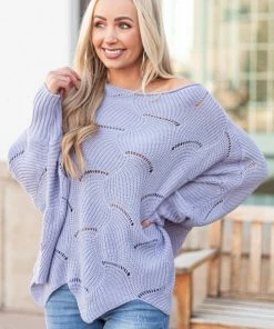 Easel Dusty Blue Scalloped Pointelle Light Sweater 26 Easel Dusty Blue Scalloped Pointelle Light Sweater