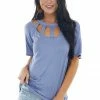 BiBi Tops Dusty Blue Short Sleeve Knit Top With Caged Neckline