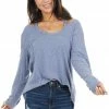 143 Story Tops Dusty Blue Shoulder Cutout Long Sleeve Stretchy Knit Top