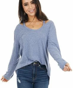 143 Story Tops Dusty Blue Shoulder Cutout Long Sleeve Stretchy Knit Top