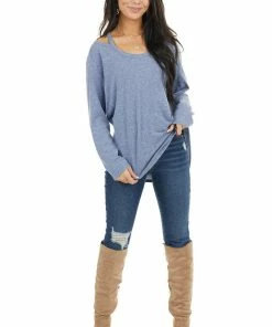 143 Story Tops Dusty Blue Shoulder Cutout Long Sleeve Stretchy Knit Top