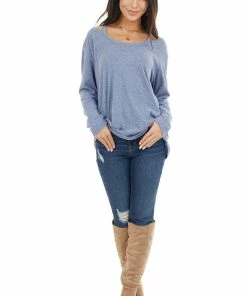 143 Story Tops Dusty Blue Shoulder Cutout Long Sleeve Stretchy Knit Top