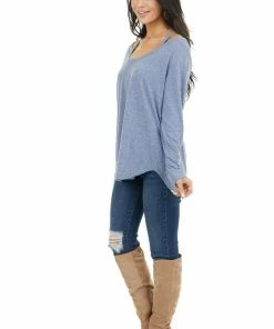 143 Story Tops Dusty Blue Shoulder Cutout Long Sleeve Stretchy Knit Top