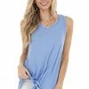 CY Fashion Tops Dusty Blue Sleeveless Knit Top With Front Tie Detail