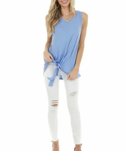 CY Fashion Tops Dusty Blue Sleeveless Knit Top With Front Tie Detail 20 CY Fashion Tops Dusty Blue Sleeveless Knit Top With Front Tie Detail