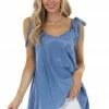L Love Dusty Blue Sleeveless Woven Satin Blouse With Tie Straps Tops
