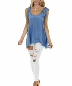 L Love Dusty Blue Sleeveless Woven Satin Blouse With Tie Straps Tops 19 L Love Dusty Blue Sleeveless Woven Satin Blouse With Tie Straps Tops