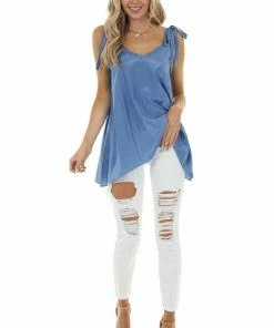 L Love Dusty Blue Sleeveless Woven Satin Blouse With Tie Straps Tops 16 L Love Dusty Blue Sleeveless Woven Satin Blouse With Tie Straps Tops