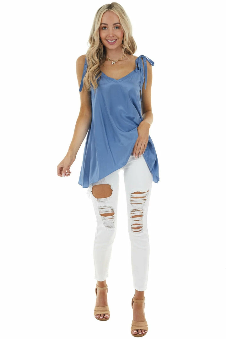 L Love Dusty Blue Sleeveless Woven Satin Blouse With Tie Straps Tops 4 L Love Dusty Blue Sleeveless Woven Satin Blouse With Tie Straps Tops