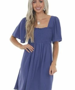 Umgee Dresses Dusty Blue Smocked Flutter Sleeve Linen Dress