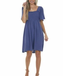 Umgee Dresses Dusty Blue Smocked Flutter Sleeve Linen Dress