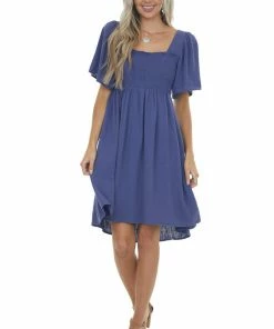 Umgee Dresses Dusty Blue Smocked Flutter Sleeve Linen Dress