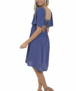Umgee Dresses Dusty Blue Smocked Flutter Sleeve Linen Dress