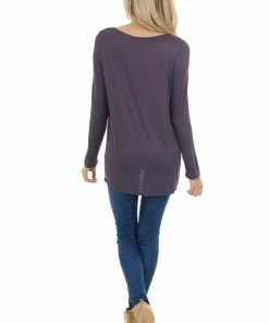 BiBi Tops Dusty Blue Soft Stretchy Long Sleeve Top With Chest Cutout