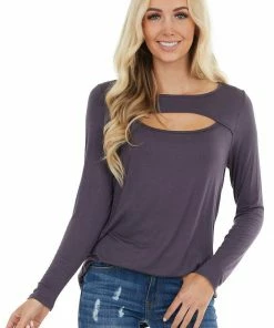 BiBi Tops Dusty Blue Soft Stretchy Long Sleeve Top With Chest Cutout