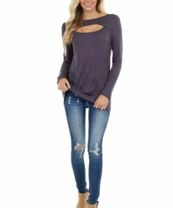 BiBi Tops Dusty Blue Soft Stretchy Long Sleeve Top With Chest Cutout