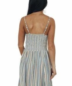 ANGIE Dresses Dusty Blue Striped Sleeveless Smocked Dress