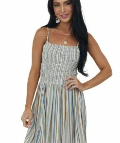 ANGIE Dresses Dusty Blue Striped Sleeveless Smocked Dress