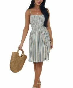 ANGIE Dresses Dusty Blue Striped Sleeveless Smocked Dress