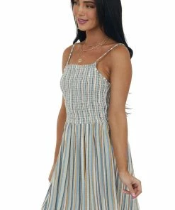 ANGIE Dresses Dusty Blue Striped Sleeveless Smocked Dress