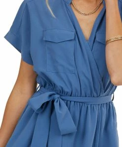 Andree Dusty Blue Surplice Dress With Waist Tie And Pockets