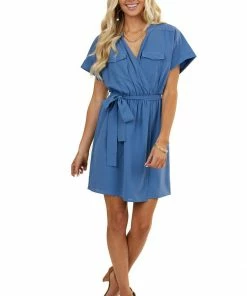 Andree Dusty Blue Surplice Dress With Waist Tie And Pockets