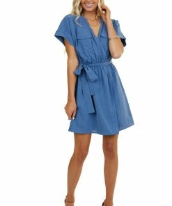 Andree Dusty Blue Surplice Dress With Waist Tie And Pockets