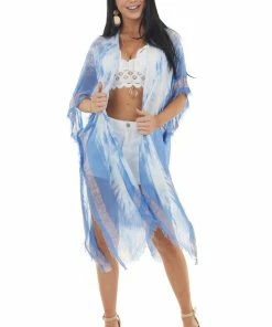 ANGIE Dusty Blue Tie Dye Print Open Front Lightweight Kimono Tops