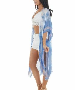 ANGIE Dusty Blue Tie Dye Print Open Front Lightweight Kimono Tops