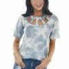 BiBi Dusty Blue Tie Dye Short Sleeve Knit Top With Caged Neckline