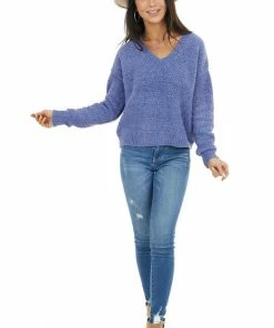 HYFVE Dusty Blue Two Tone Slightly Cropped Sweater With V Neck