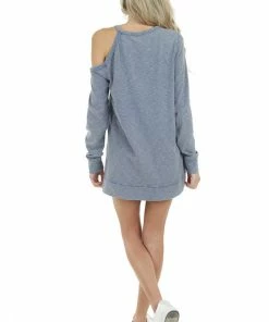 Doe & Rae Tops Dusty Blue Two Toned Long Sleeve Top With Cold Shoulder